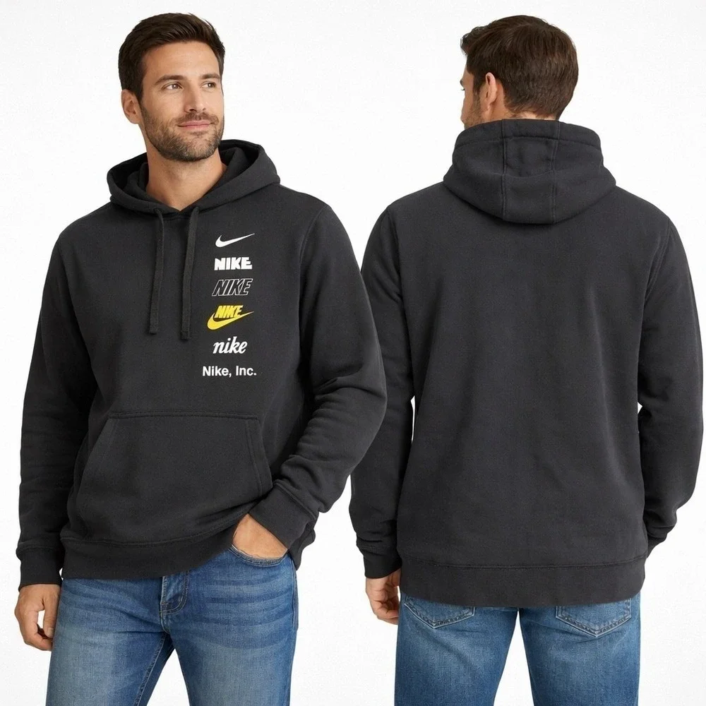 Nike Club Fleece Hoodie‎ Men's M Black Stacked Logo Pullover